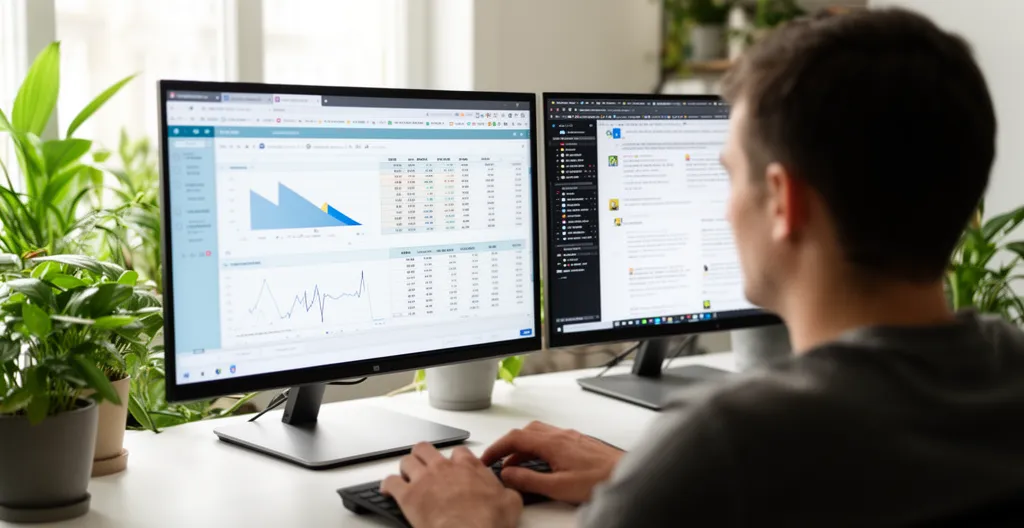 Personne consultant logiciel comptable et Google Ads sur double écran